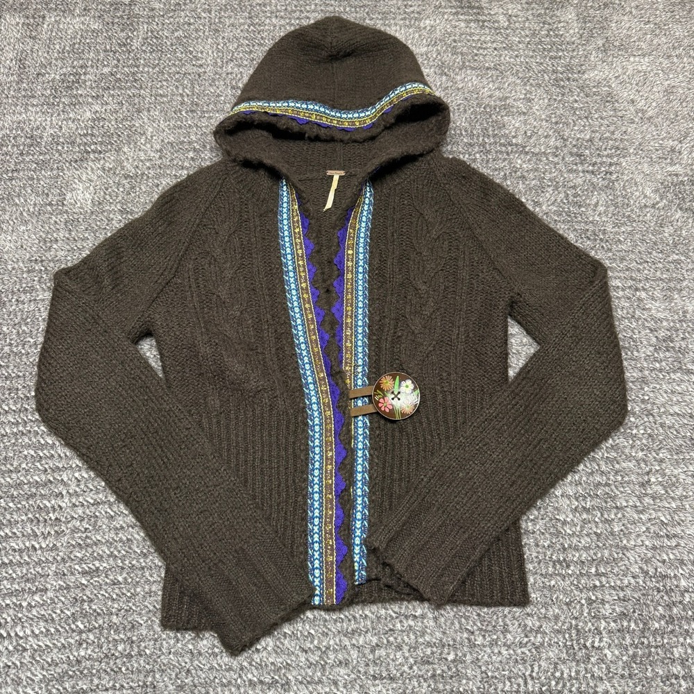 Free People Womens Hooded‎ Cardigan XS Brown Tribal Embroidered Toggle Knit